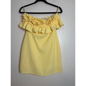 SHE+SKY Yellow Ruffle‎ Off The Shoulder Mini Dress Women's Size S Textured